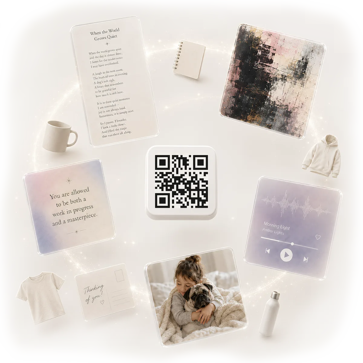 One Circulta code surrounded by the things a single loop can deliver: a poem, a painting, a photo, an audio track, and the mug, hoodie, t-shirt and postcard the code can live on.